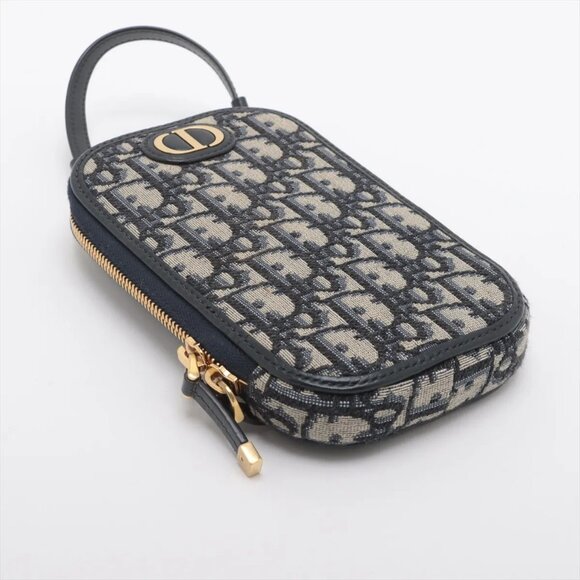 Christian Dior Oblique Phone Pouch canvas x leather Chain Shoulder Bag Navy Blue - Picture 4 of 10